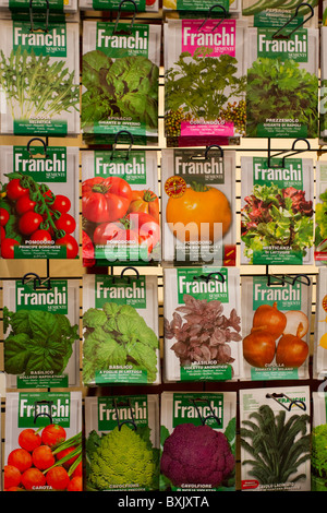 Franchi Sementi designs   Garden centre display of foreign varieties of hardy vegetables, seed packets, sachets, bags for sale in Nottingham, UK Stock Photo