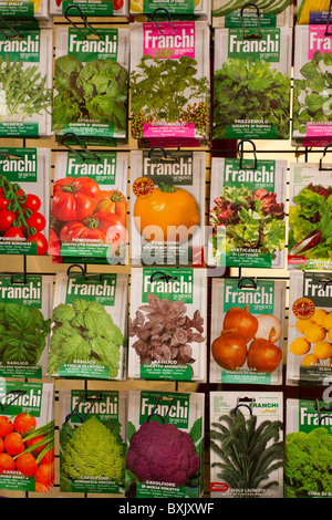 Franchi Sementi designs   Garden centre display of foreign varieties of hardy vegetables, seed packets, sachets, bags for sale in Nottingham, UK Stock Photo