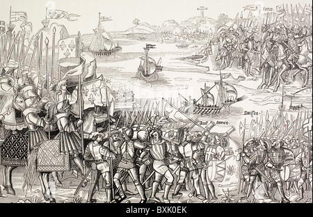 Crusaders landing at Damietta, Egypt, in 1249 during the Seventh Crusade. Stock Photo