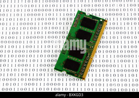 Random Access Memory (RAM) module against binary codes background Stock Photo