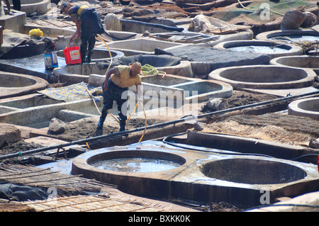 Tannery overview showing vats on Rue de Bab Debbagh in Marrakech Stock Photo