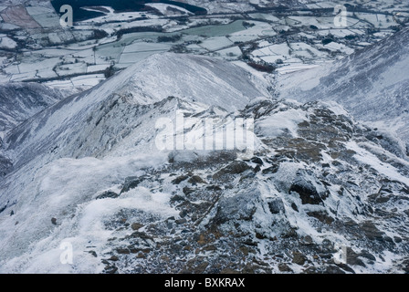 A winter view from Blencathra summit, looking down Halls Fell Ridge,  Lake District, Cumbria Stock Photo