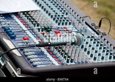 Portable large music mixer desk with connected microphone on it Stock Photo