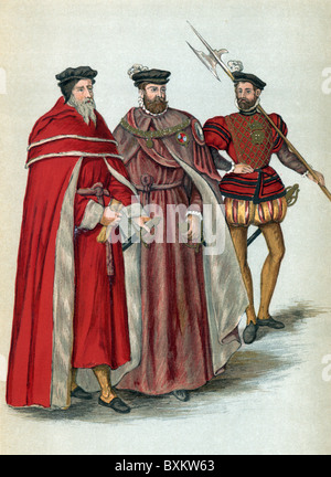 Two Peers in their Robes and a Halberdier, 16th century England; Black and White Illustration; Stock Photo