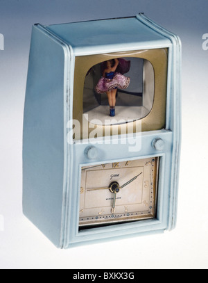 toys, musical clock, with integrated alarm clock in TV set style, Goldbuehl, Germany, circa 1955, Additional-Rights-Clearences-Not Available Stock Photo