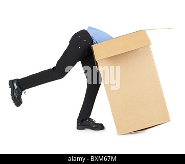Man looking for his things in a big cardboard box Stock Photo