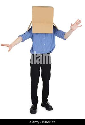 Funny man with a box on his head on white Stock Photo
