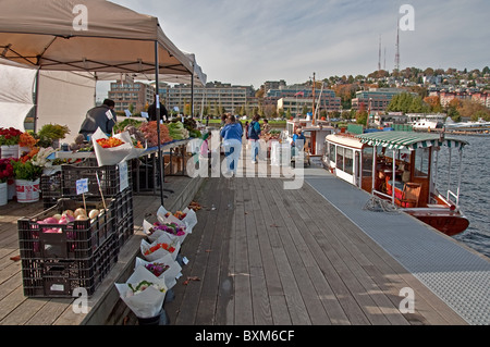 This unique farmer's market is by boat on Lake Union in downtown Seattle, Washington. Held on Oct 26, 2010 shoppers buying. Stock Photo