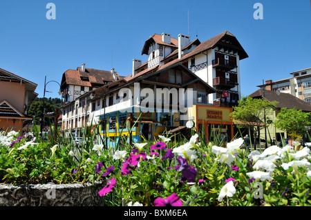 Flowers and storefront in downtown Gramado, Rio Grande do Sul, Brazil Stock Photo