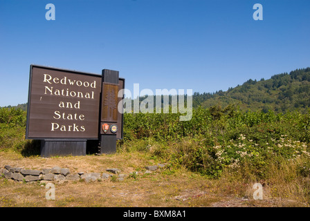 Redwood National Park sign on Hwy 101 in Northern California Stock Photo