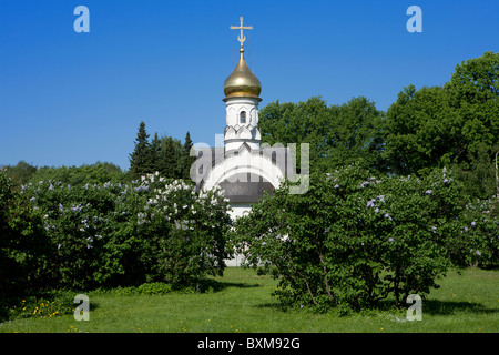 Small orthodox church near the Michurin Botanical Garden at the All-Russian Exhibition Center in Moscow, Russia Stock Photo