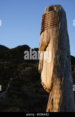 Maori Carving on Mt Hikurangi,East Cape,New Zealand Stock Photo