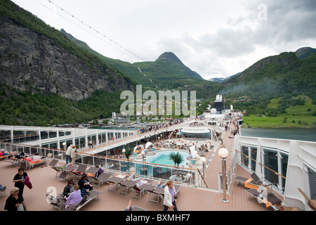 The cruise ship M/V MSC Poesia at Geiranger Fjord, Norway. Stock Photo