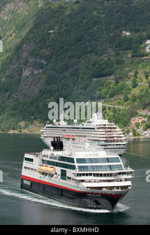 The Hurtigruten vessel M/V Trollfjord in the Geirangerfjord, Norway Stock Photo