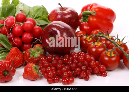 Composition of several red fruits over white Stock Photo
