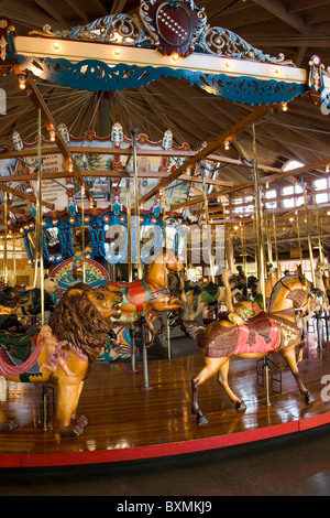 Carousel Lion and Horse. Carousel at Richland Carousel Park. Mansfield, Ohio, USA. Stock Photo