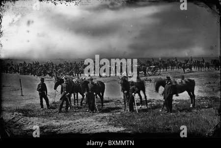 Morris Island, South Carolina. Unidentified artillery unit  soldiers gathered in an open area day time union army Stock Photo