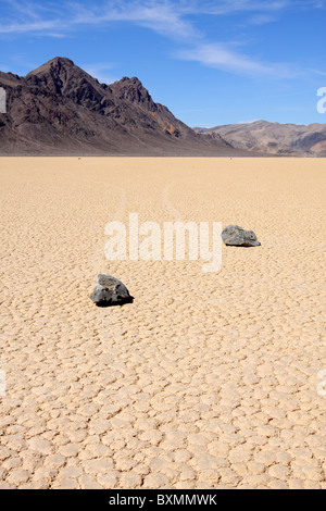 Trails created by moving rocks on the Racetrack Playa in Death Valley National Park. Stock Photo