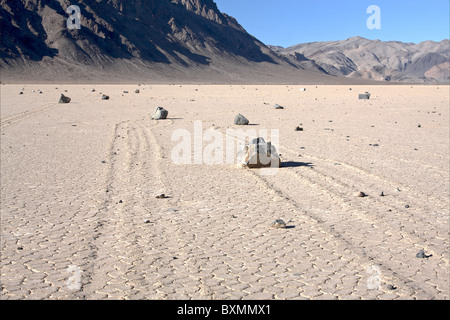 Trails created by moving rocks on the Racetrack Playa in Death Valley National Park. Stock Photo