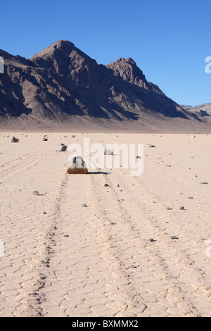 Trails created by moving rocks on the Racetrack Playa in Death Valley National Park. Stock Photo