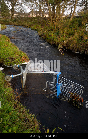 A supermarket trolley abandoned in a river Stock Photo