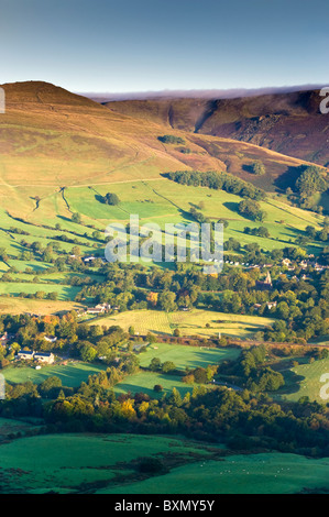 The Village of Edale & The Edale Valley Backed by Kinder Scout, Peak District National Park, Derbyshire, England, UK Stock Photo