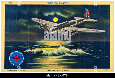 Vintage Teich postcard of military airplane flying over water at night Welcome to California Stock Photo