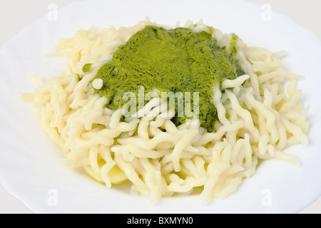 typical Ligurian food often accompanied by potatoes or green beans. Pesto is a sauce made of basil, parmesan and pine nuts Stock Photo