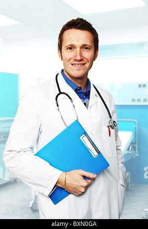 portrait of young caucasian doctor in hospital Stock Photo