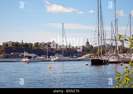 Marina on the island of Djurgarden in central Stockholm, Sweden. View towards the South side, Sodermalm. Stock Photo