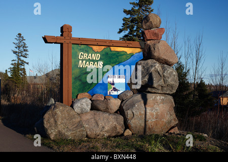 Sign at the entrance to the town of Grand Marais, Minnesota. Stock Photo