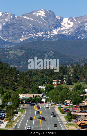 The town of Estes Park located at the entrance to Rocky Mountain National Park in Colorado, USA. Stock Photo