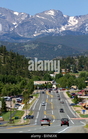 The town of Estes Park located at the entrance to Rocky Mountain National Park in Colorado, USA. Stock Photo