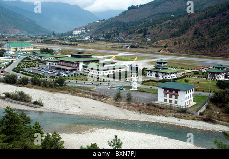 Bhutan's one airport is in Paro valley, the mountainous country's only flat land Stock Photo