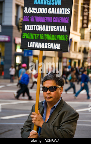 Portrait of unique interesting protester on city street in San Francisco CA USA Stock Photo