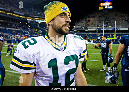 Aaron Rodgers of the Green Bay Packers on the field after a game Stock Photo