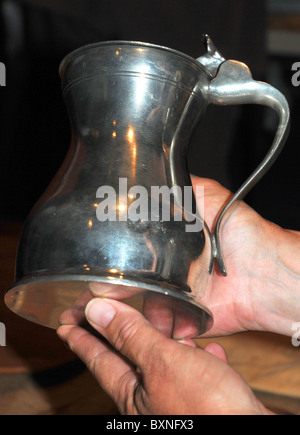 Pewter tankard, The Mary Rose Museum. Portsmouth Historic Dockyard, Hampshire, Britain, UK Stock Photo