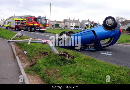 Car crash, overturned car after a traffic accident Stock Photo
