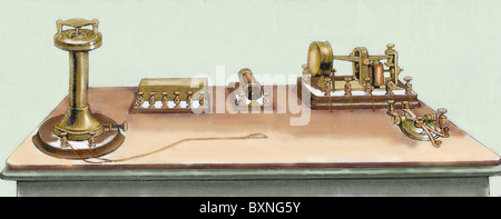 Phonoplex telegraph invented by Thomas Alva Edison (1847-1931). Engraving. Stock Photo