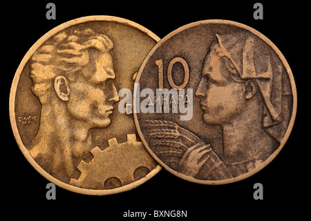 Yugoslav 20 and 10 Dinar coins from 1955 and 1963 showing engineer and farm worker Stock Photo