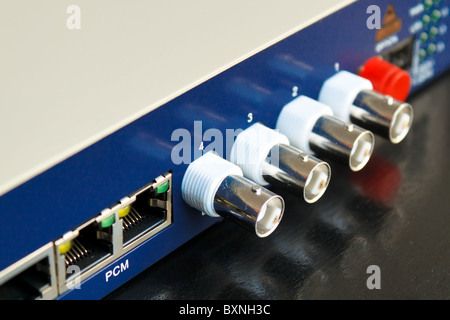 fiber optic video converter with optical FC connectors and video BNC connectors Stock Photo