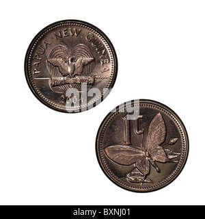 Papua New Guinea 1 Toea Coin, reverse and obverse featuring the Paradise Birdwing butterfly (Ornithoptera paradisea) on the reverse Stock Photo