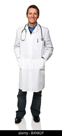 standing friendly young doctor isolated on white background Stock Photo