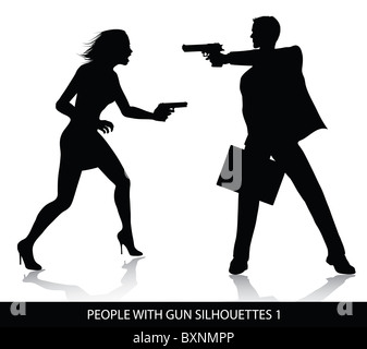 Vector silhouettes of people with gun isolated on white background Stock Photo