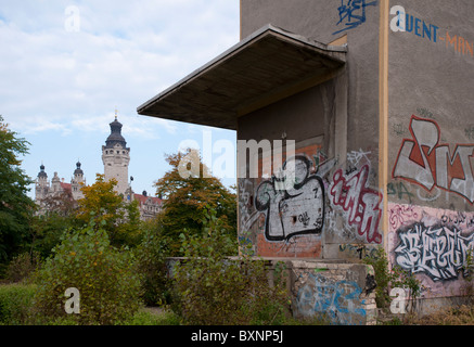 Graffiti with Neues Rathaus in background, Leipzig, Saxony, Germany, Europe Stock Photo