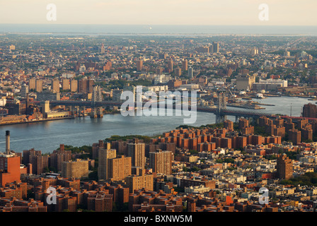 New York City Manhattan east Hudson River aerial view with Williamsburg Bridge and Brooklyn Stock Photo