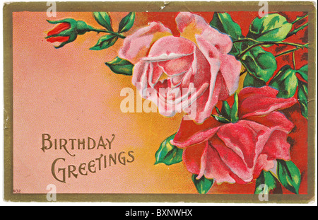 Vintage birthday greetings postcard with red roses Stock Photo