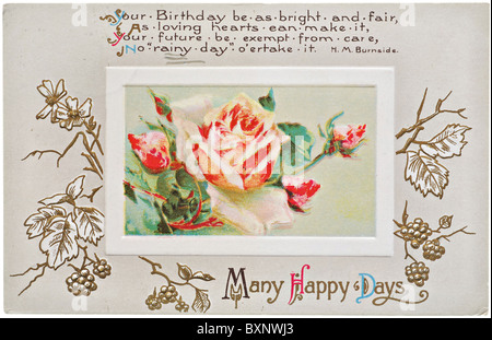 Vintage birthday postcard with greetings and roses Stock Photo