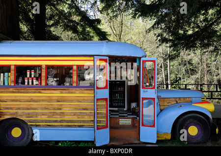 Old antique bus converted to a coffee shop cafe bar at the River Inn Big Sur pacific highway one 1 California surf culture Stock Photo