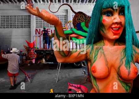 An unfinished allegorical float carrying a mermaid during the construction in the Carnival workroom, Barranquilla, Colombia. Stock Photo